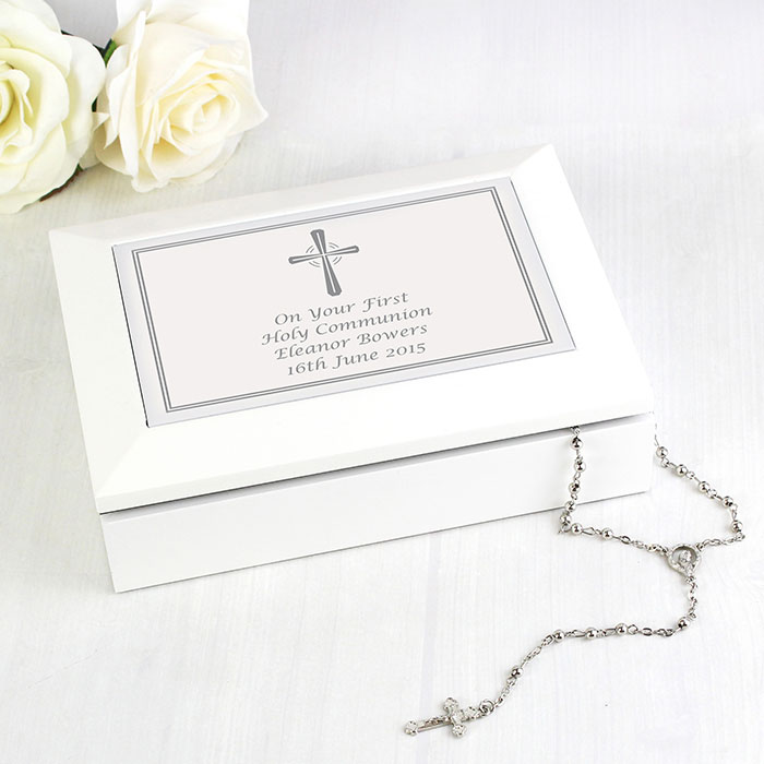 Personalised Silver Cross White Wooden Jewellery Box