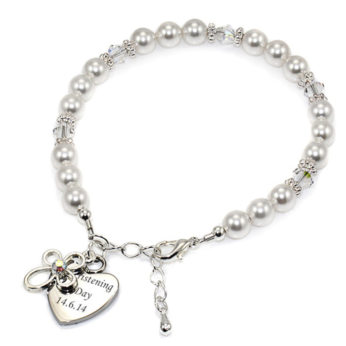 Pearl Bracelet With Engraved Heart and Cross