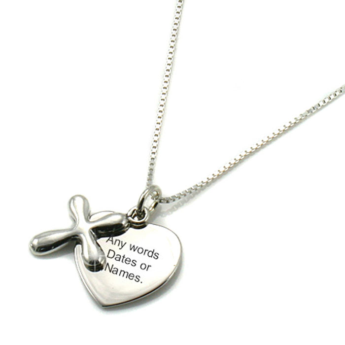 Sterling Silver Engraved Heart and Cross Necklace