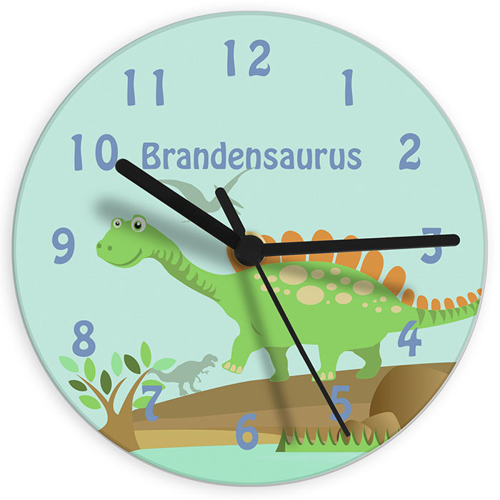 Boy's Blue Personalised Glass Dinosaur Wall Clock
