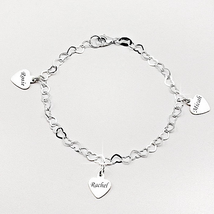 Mums Silver Triple Personalised Heart Bracelet