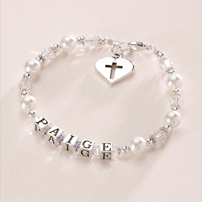 Silver and Pearl Name Bracelet with Silver Heart