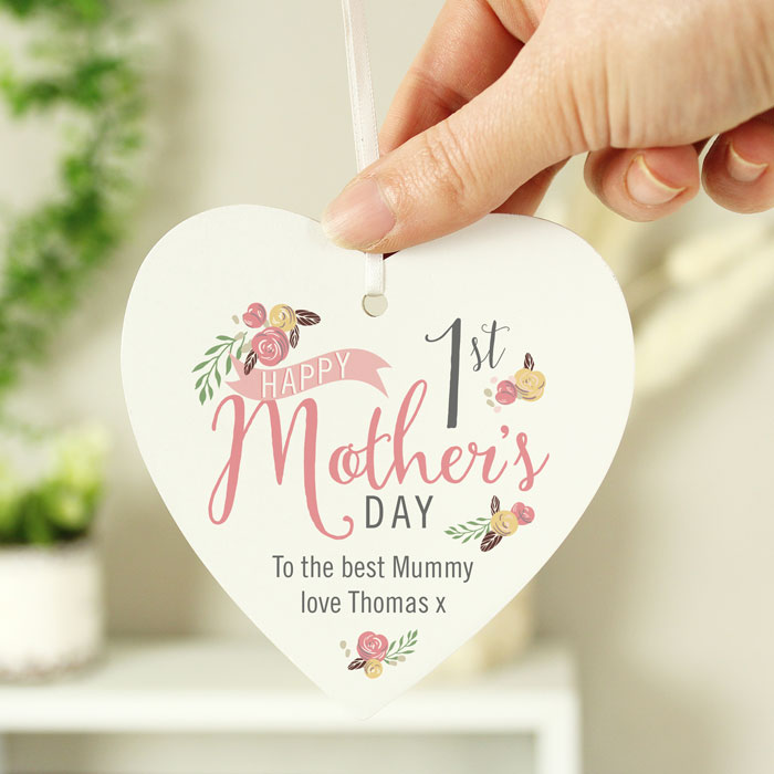 Personalised Floral Bouquet 1st Mothers Day Wooden Heart