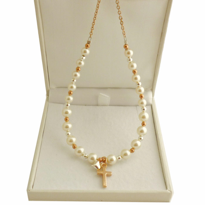 Rose Gold Silver and Ivory Swarovski Pearl Cross Necklace