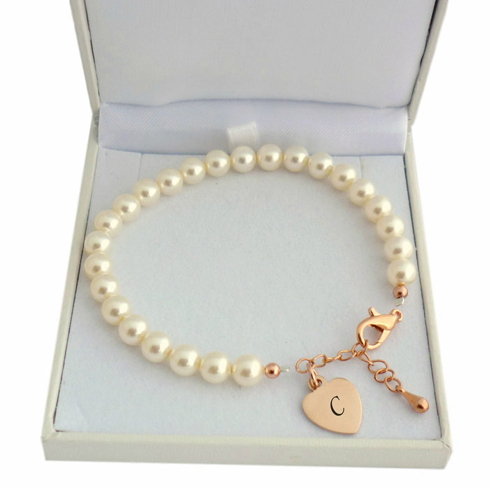 Ivory Pearl and Rose Gold Bracelet With Engraved Heart
