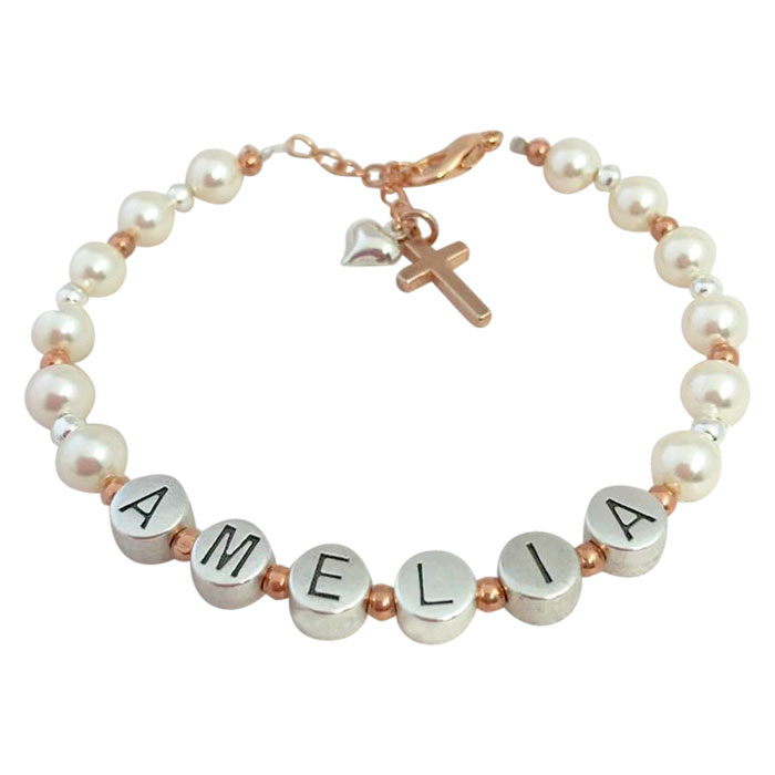 Pearl Pewter and Rose Gold Name Bracelet With Cross