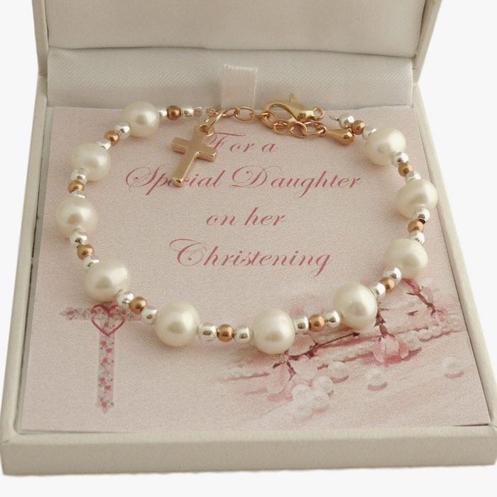 Rose Gold and Silver Freshwater Pearl Christening Bracelet