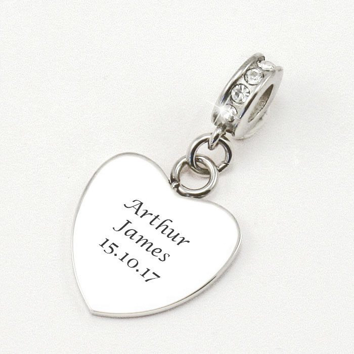 Engraved Stainless Steel Memorial Heart Charm With Crystals