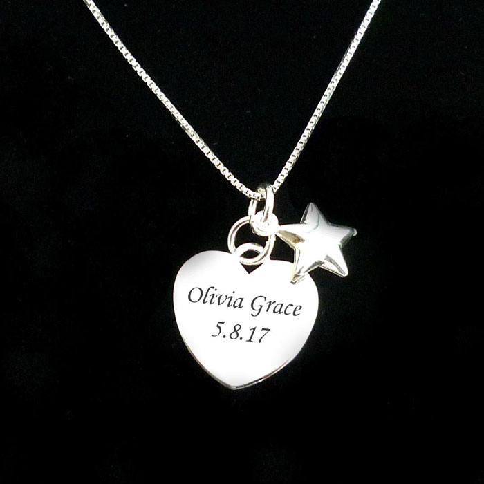 Sterling Silver Engraved Heart & Star Memorial Necklace