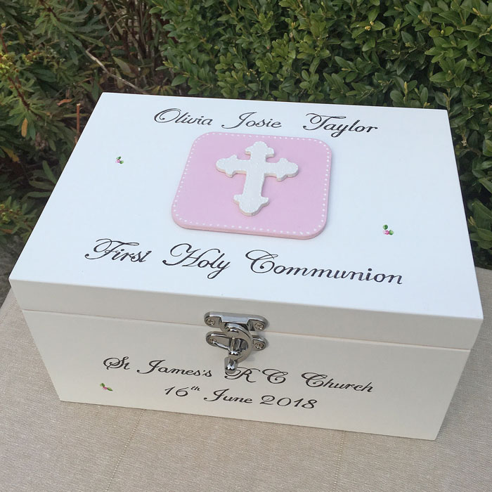 Girls Personalised First Communion Keepsake Box With Cross
