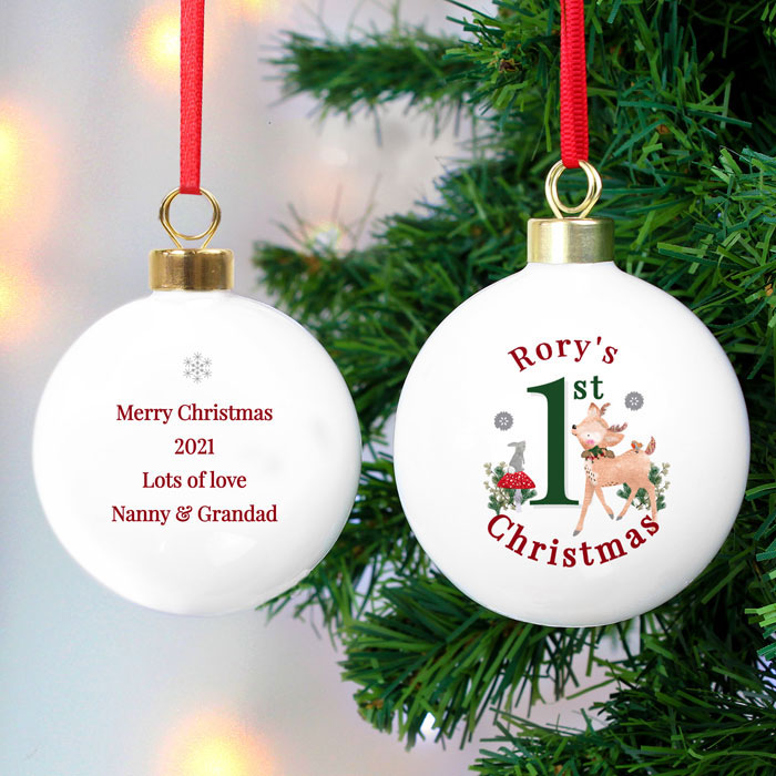 Personalised 1st Christmas Festive Fawn Ceramic Bauble