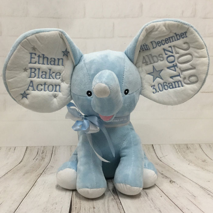 Personalised Embroidered Cubbies Blue Dumble Elephant