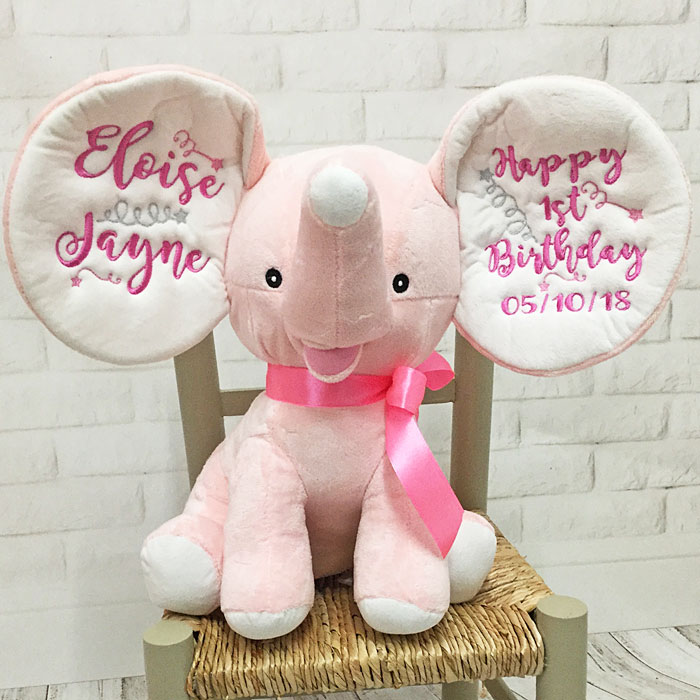 Personalised Pink Cubbies Dumble Elephant First Birthday Toy