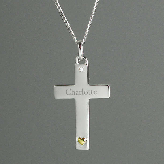 Personalised Sterling Silver Cross Necklace with Gold Heart