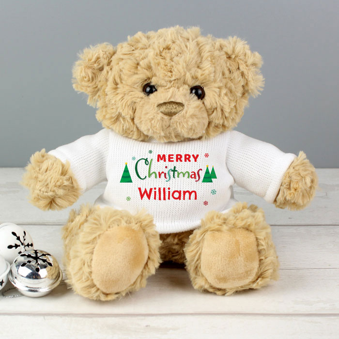 Childs Personalised Merry Christmas Teddy Bear In Tee Shirt