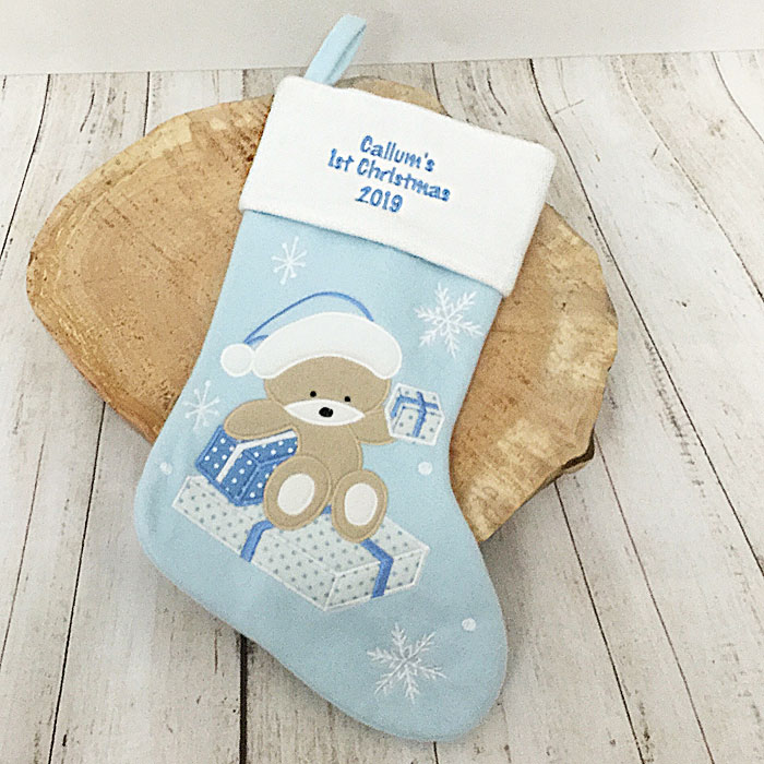 Personalised Baby Boys Blue 1st Christmas Stocking