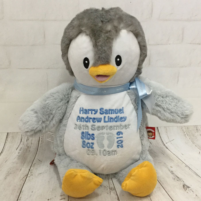 Boy or Girl Personalised Cubbies Grey Birth Penguin Teddy