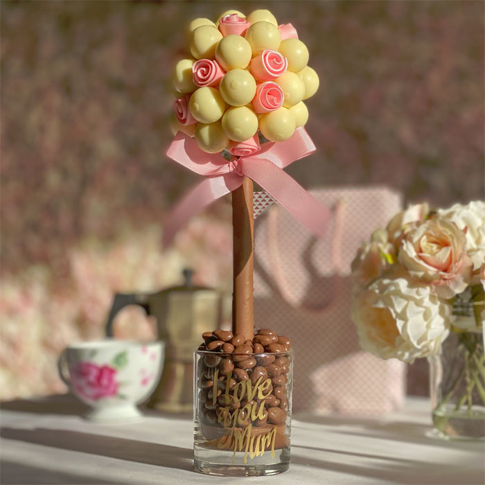 Personalised White Lindor Sweet Tree with Edible Pink Roses