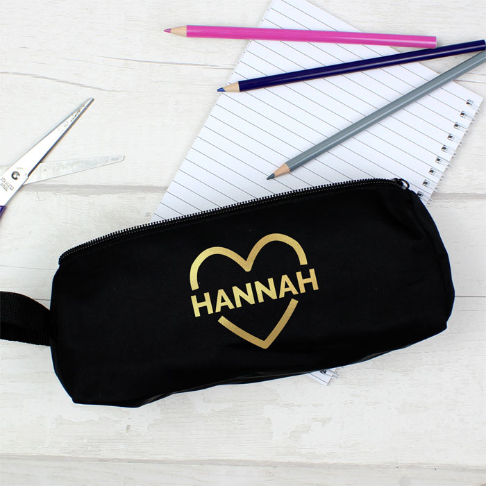 Girls Personalised Gold Heart Black Pencil Case