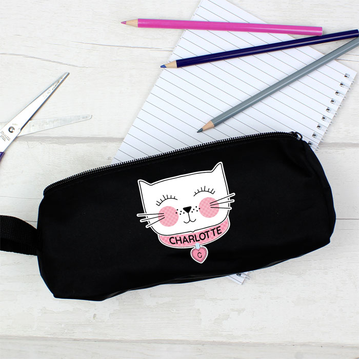 Girls Personalised Cute Cat Black Pencil Case