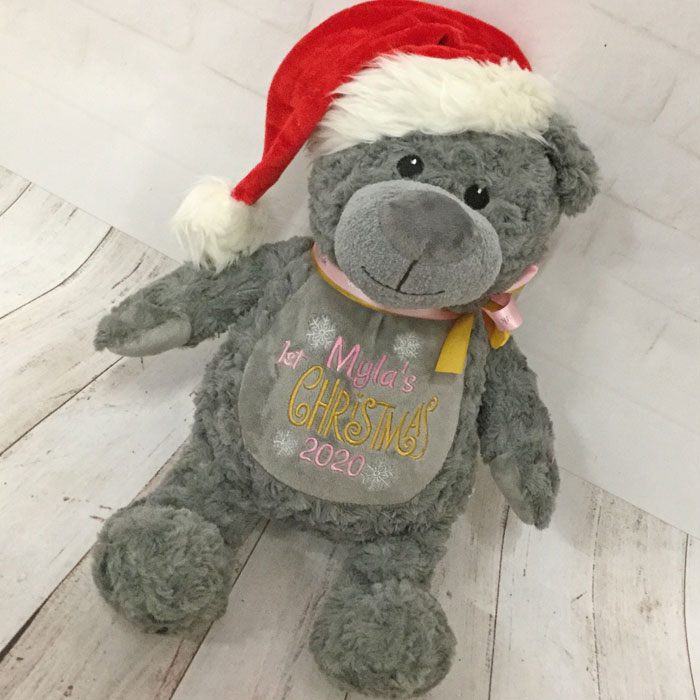 Kid's Personalised Embroidered Christmas Teddy Bear Grey
