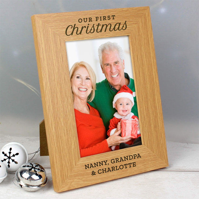 Personalised Our First Christmas 4x6 Oak Finish Photo Frame