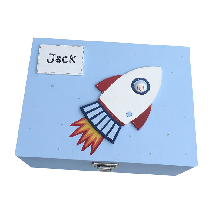 Wooden Rocket Personalised Blue Keepsake Box
