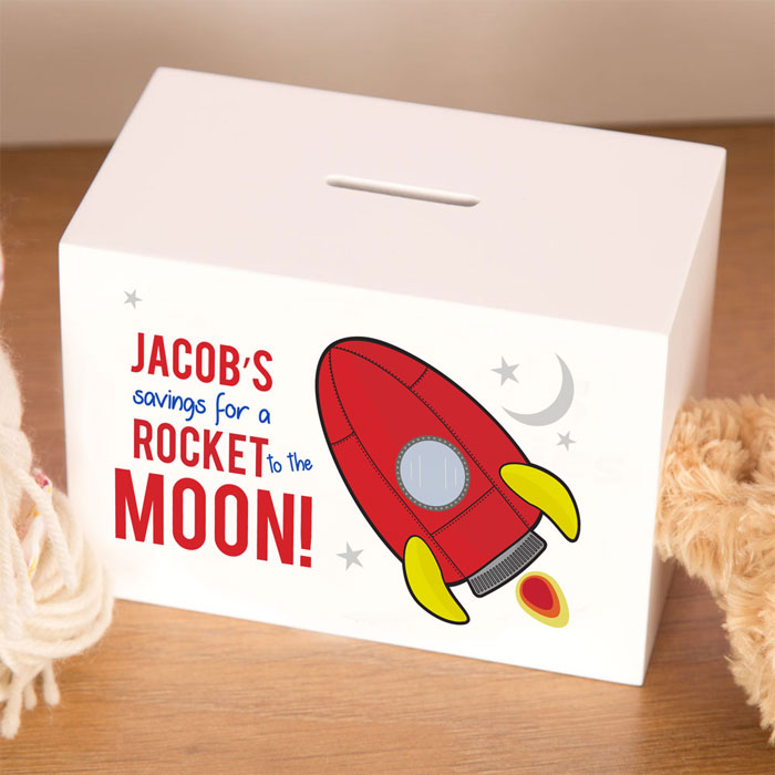 Personalised Wooden Rocket Space Ship Money Box