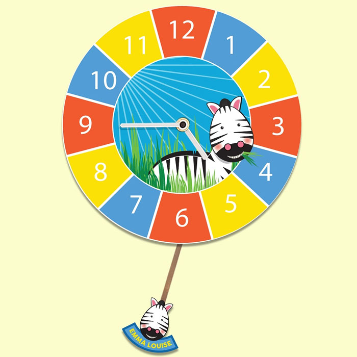 Kids Personalised Zebra Pendulum Silent Tick Wall Clock
