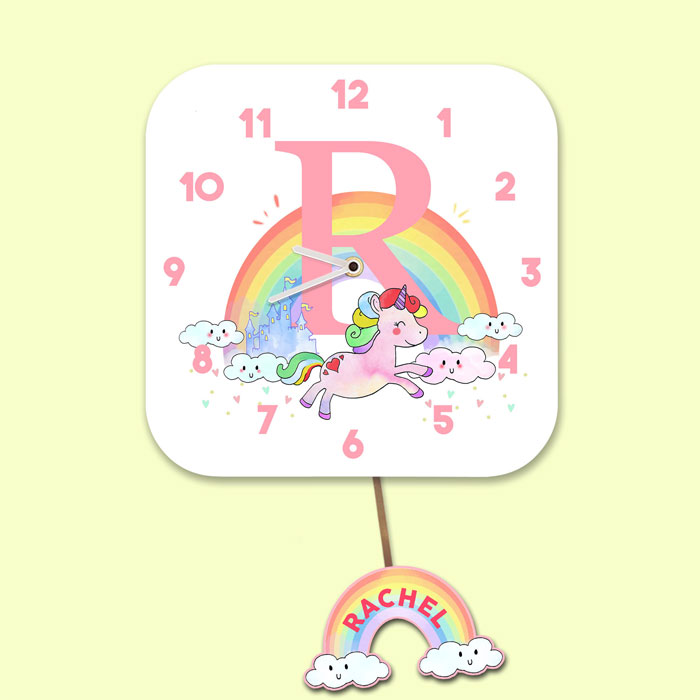 Girls Personalised Initial Unicorn Pendulum Wall Clock