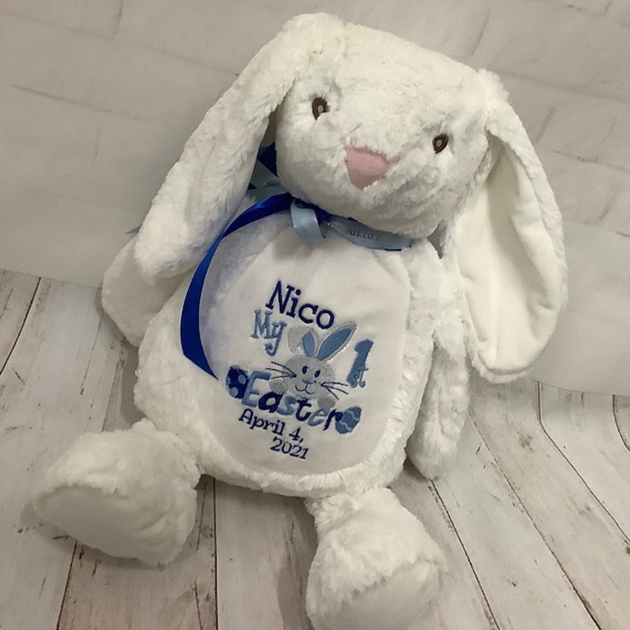Personalised Embroidered White Mumbles First Easter Bunny