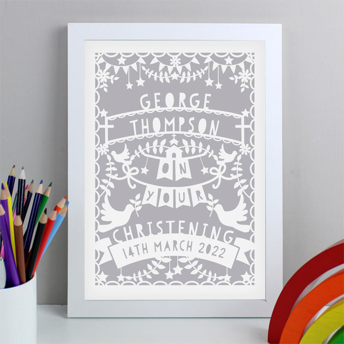 Personalised Grey Papercut Style A3 White Framed Print