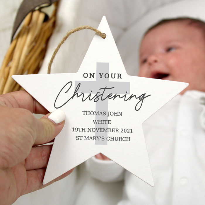 Personalised On Your Christening Wooden Star Decoration