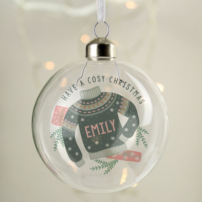 Personalised Cosy Christmas Glass Tree Bauble