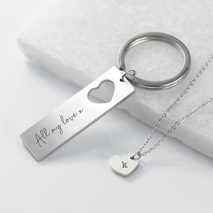 Personalised Love Heart Necklace and Cut Out Keyring Set