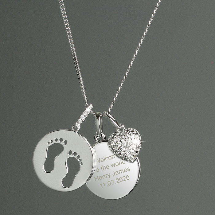Bespoke Silver Footprints & Cubic Zirconia Heart Necklace