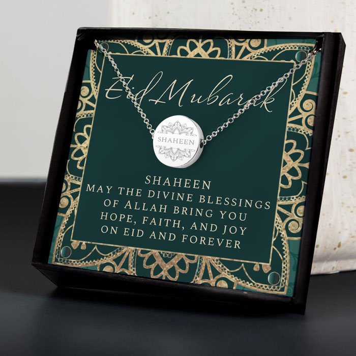 Personalised Eid & Ramadan Silver Disc Necklace in a Box