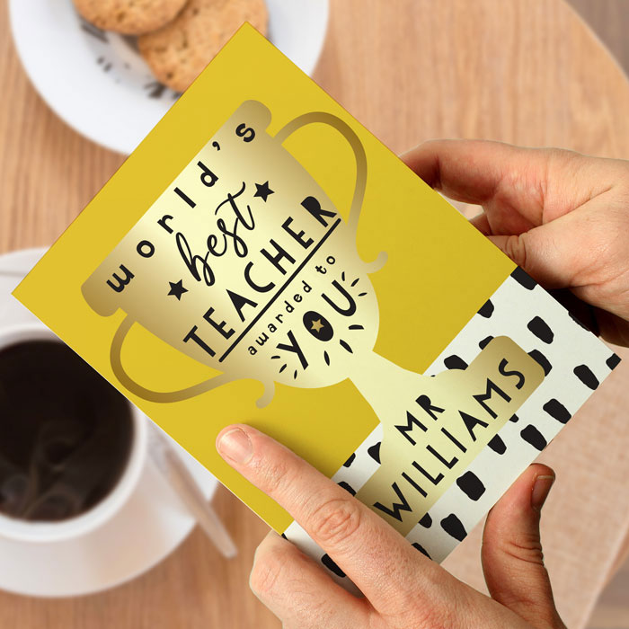 Personalised Worlds Best Teacher Trophy Greeting Card