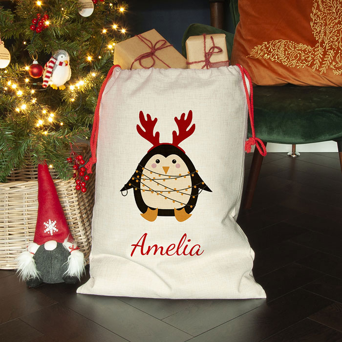 Personalised Kids Christmas Penguin Santa Sack