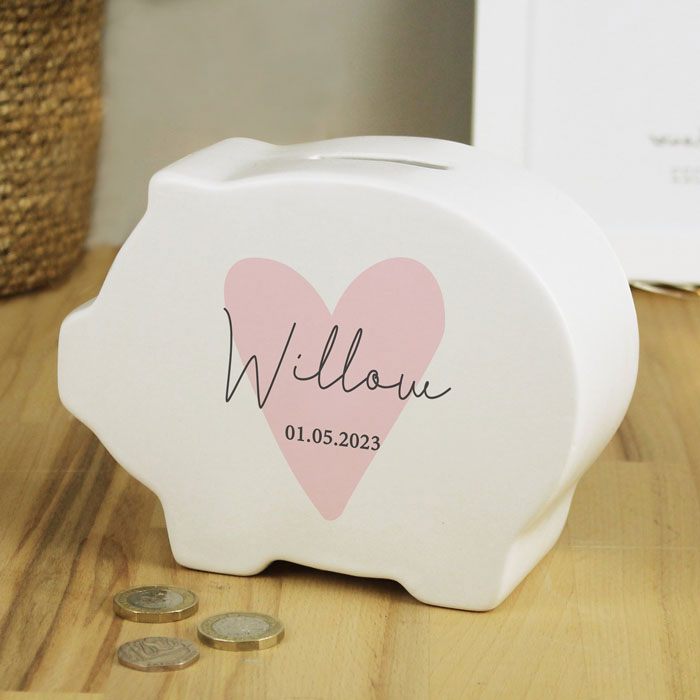 Personalised Pink Heart White Ceramic Piggy Bank Money Box