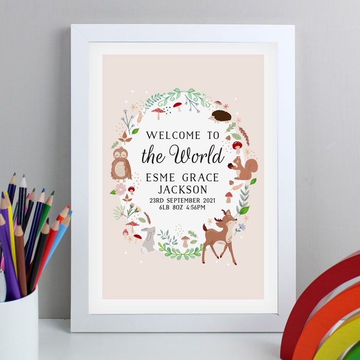 Personalised Woodland Animals A4 White Framed Baby Print
