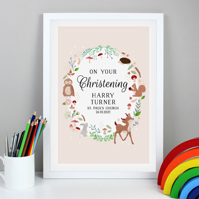 Personalised Woodland Animals A3 White Framed Baby Print