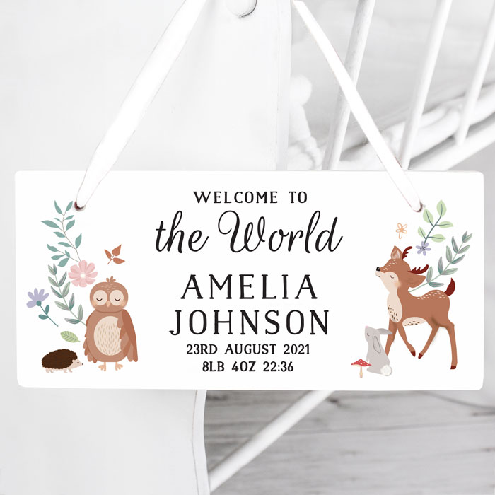 Personalised Woodland Animals Wooden Baby Sign