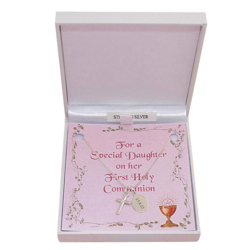 Silver Communion Necklace with Engraved Tag & Card Backing 