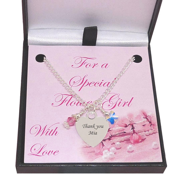 Engraved Flower Girl Necklace Heart Pendant & Pink Crystal