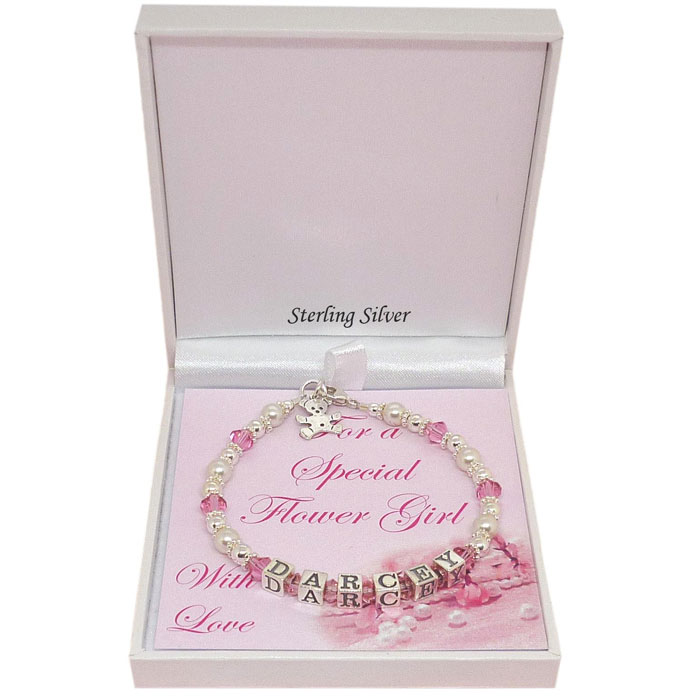 Personalised Silver & Pink Crystal Flower Girl Name Bracelet