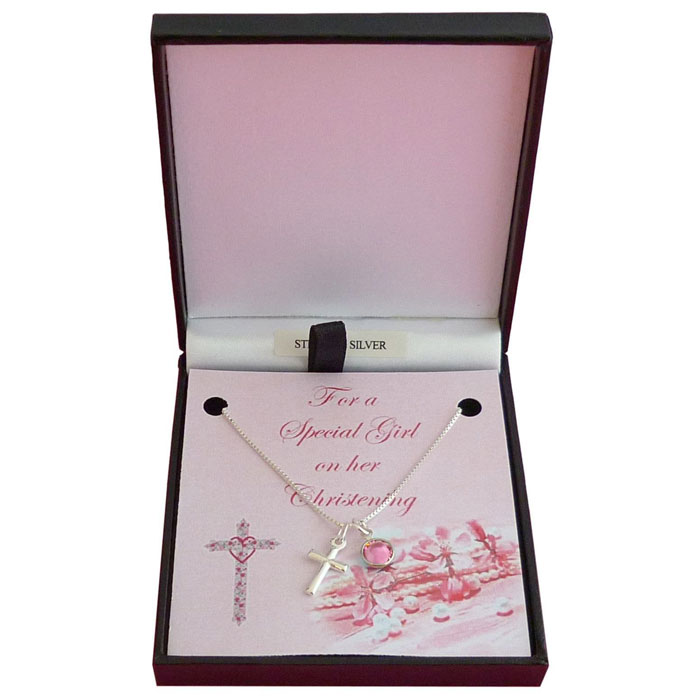 Girls Silver Cross & Birthstone Christening Necklace