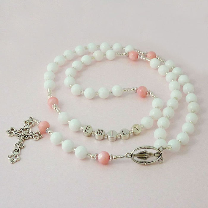Personalised Rosary With White Jade & Pink Mother of Pearl