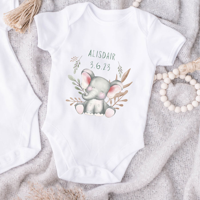 Personalised Happy Elephant White Baby Vest