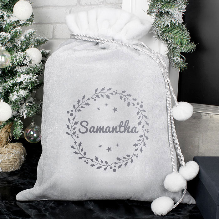 Personalised Holly Wreath Grey Christmas Sack